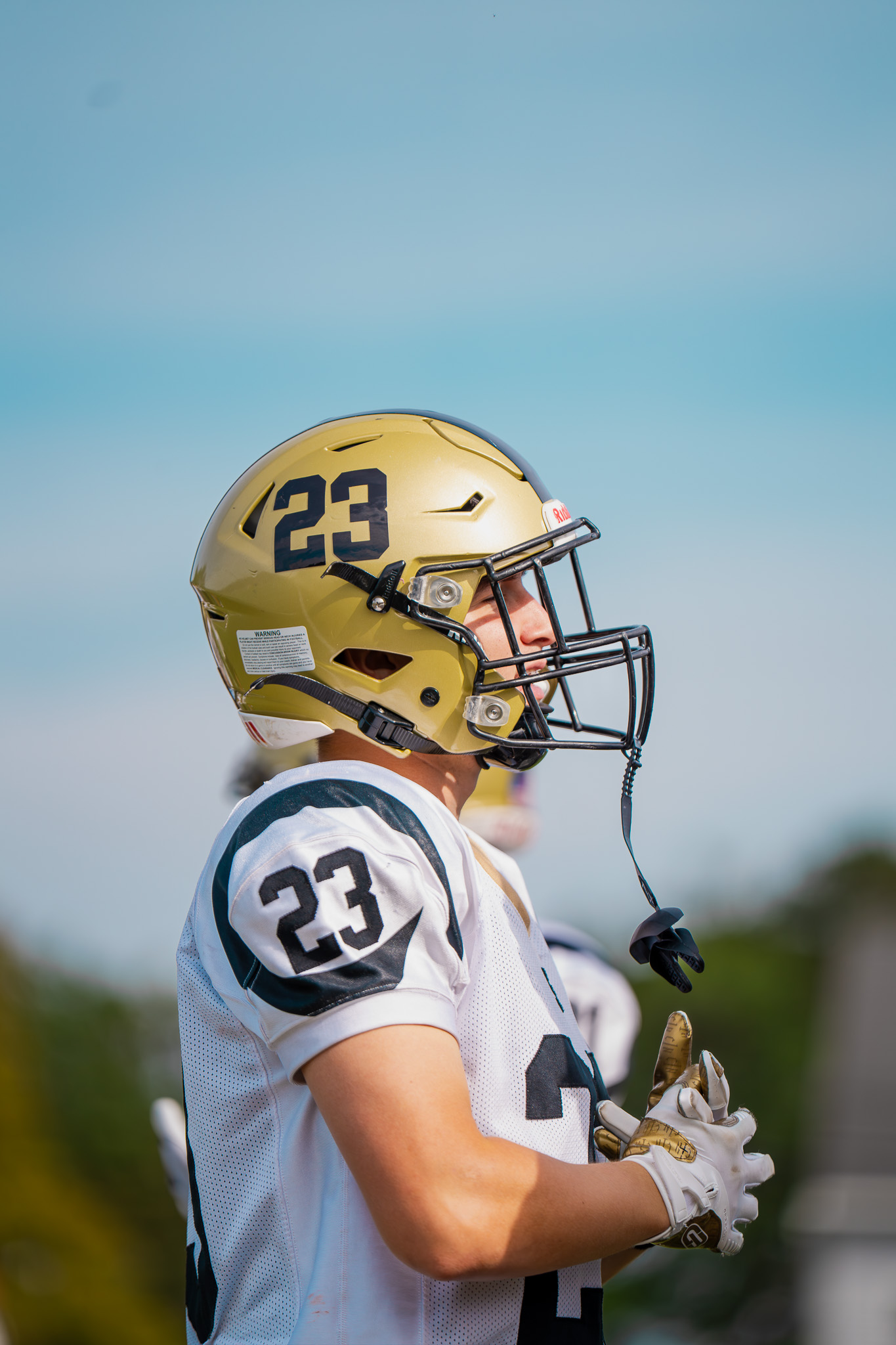 Running back in a gold helmet on the sideline